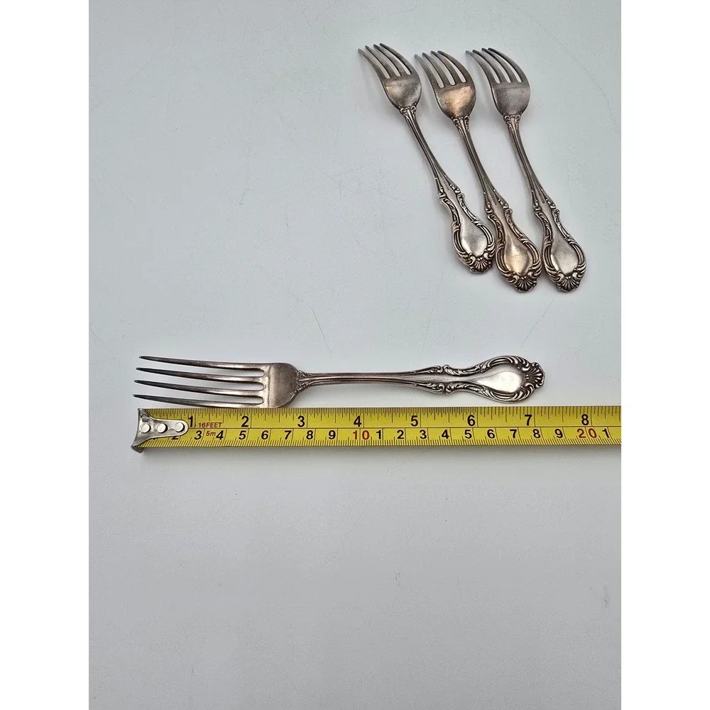 4 Antique Wilcox Silver Plate Co JOANNE forks Ornate Scroll XII Edwardian
